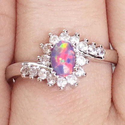Exquisite Women'S Silver Ring Oval Cut Fire Opal Diamond Jewelry Birthday Proposal Gift Bridal Engagement Party Band Rings Size 5-12