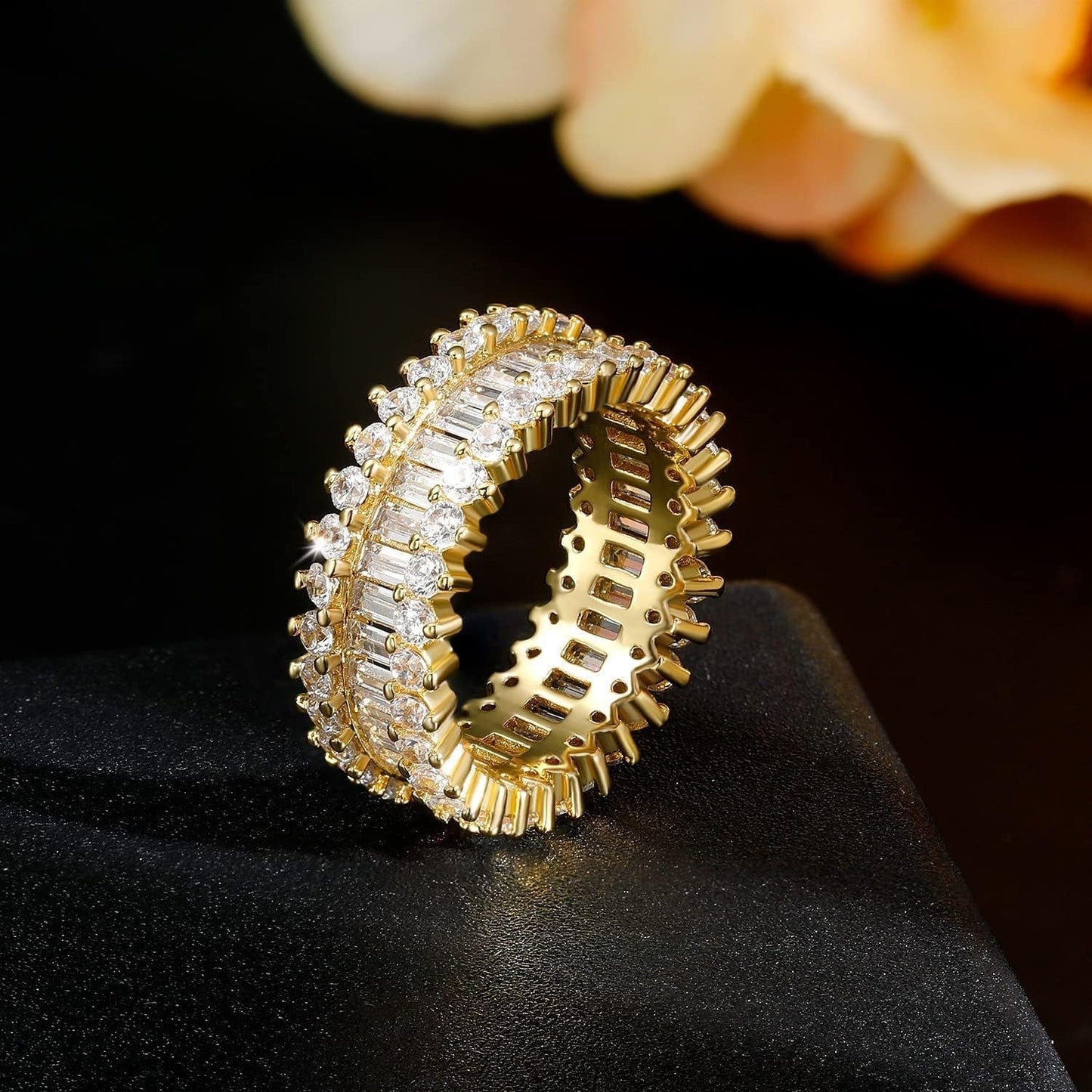Eternity Rings 18K White Gold Plated Emerald Cut Cubic Zirconia Ring Halo Wedding Band for Women Men