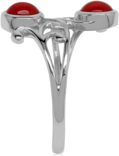 5Mm Created round Shape Red Coral 925 Sterling Silver Leaf and Swirl Style Bypass Ring Size 8