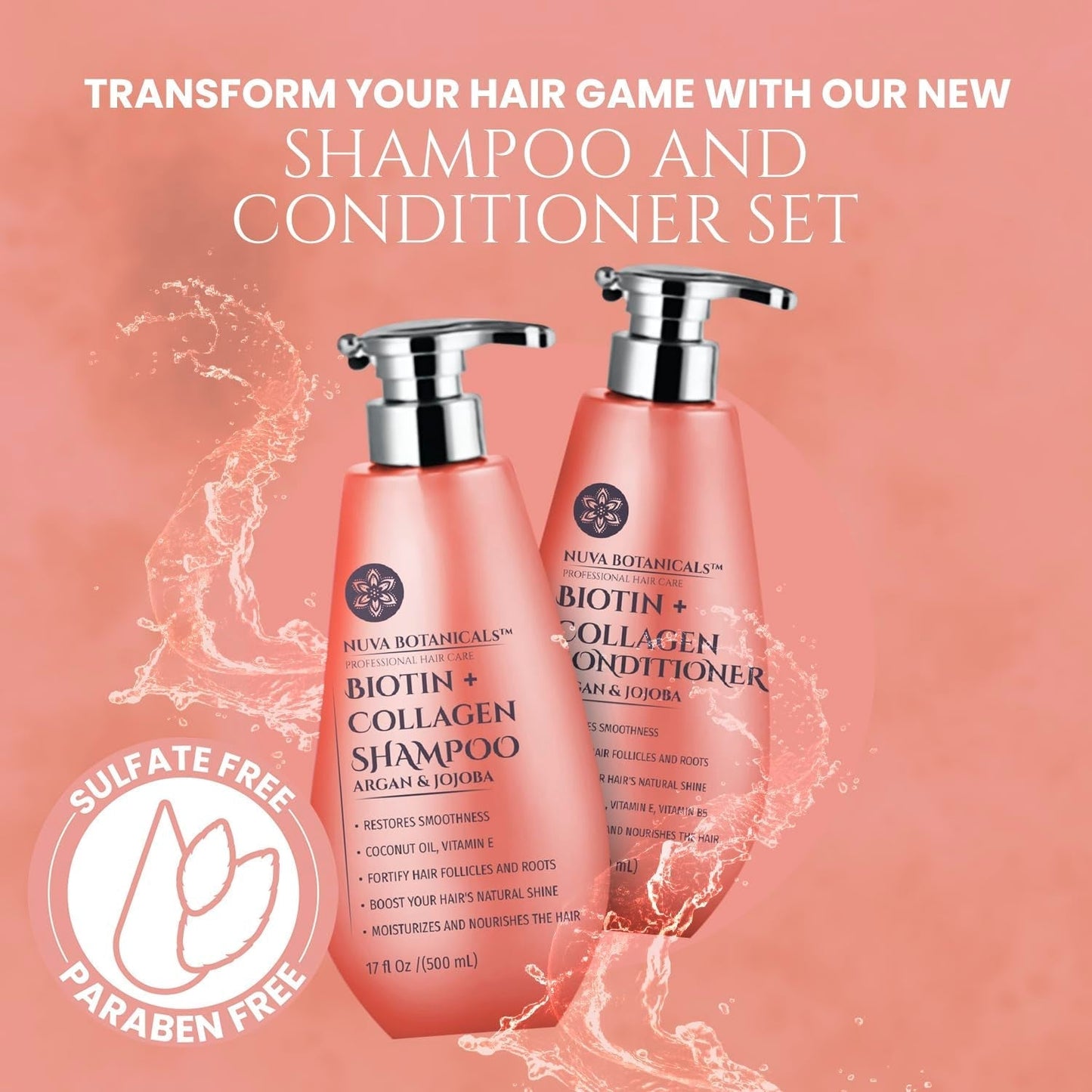 Biotin and Collagen Hair Growth Set - Shampoo and Conditioner for Women with Coconut Oil, Argan and Jojoba Oil for Thinning Hair (17 Fl Oz)