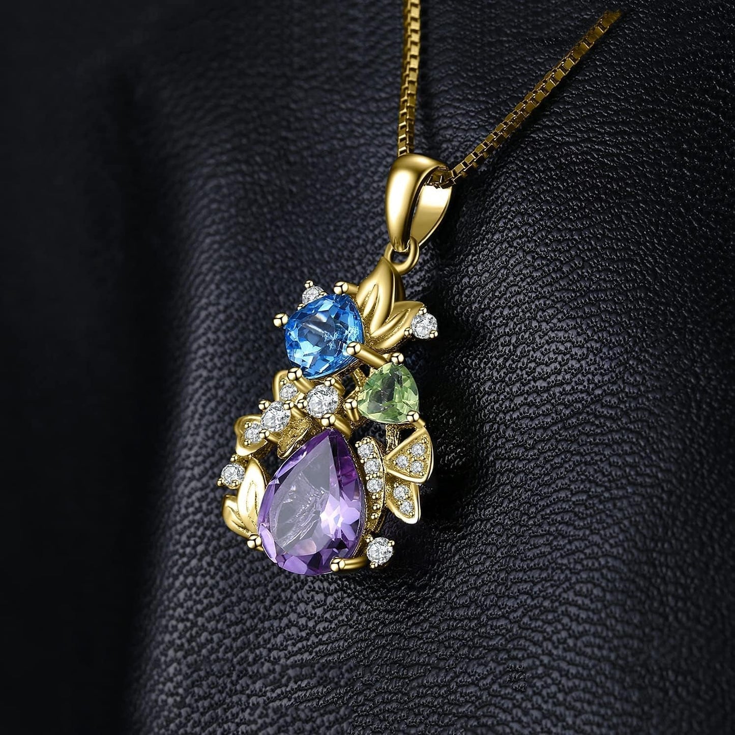 Flower Genuine Amethyst Peridot Blue Topaz Pendant Necklace for Women, Multicolor 925 Sterling Silver Necklaces, Natural Gemstone Jewelry Sets 18 Inches Chain