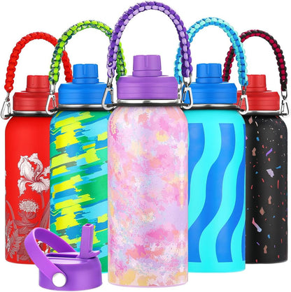 Personalized Insulated Water Bottle with Paracord Handle Straw Lid & Spout Lid, Vacuum Stainless Steel Wide Mouth Water Bottle for Adults 24 Oz, 32 Oz, 40 Oz - WORLD TIME VISITS