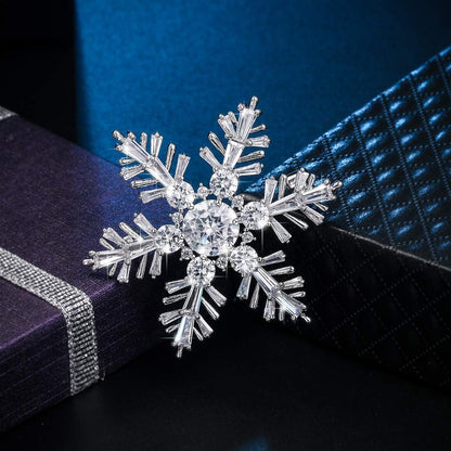 White Gold Plated Cubic Zirconia CZ Winter Art Deco Snowflake Flower Clear Brooch Pin for Women Lady