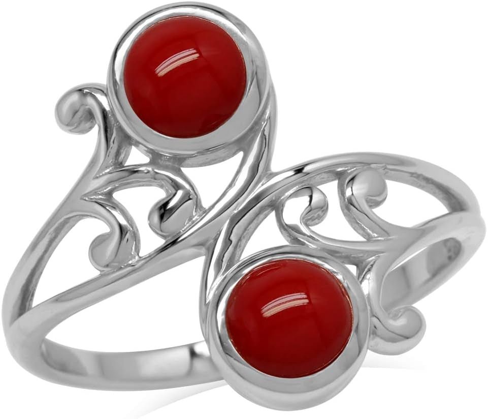 5Mm Created round Shape Red Coral 925 Sterling Silver Leaf and Swirl Style Bypass Ring Size 6 - WORLD TIME VISITS