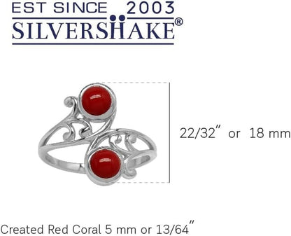 5Mm Created round Shape Red Coral 925 Sterling Silver Leaf and Swirl Style Bypass Ring Size 6 - WORLD TIME VISITS