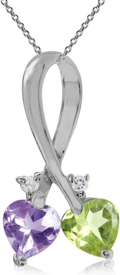 5MM Heart Shape Gemstone 925 Sterling Silver Twin Heart Ribbon Pendant with 18 Inch Chain Necklace Family Birthstone Jewelry for Women - WORLD TIME VISITS