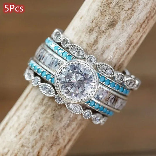 5Pcs/Set Exquisite Design Glamour Woman Fashion Jewelry Elegant Natural White Sapphire Diamond Turquoise Ring Wedding Engagement Anniversary Ring Size US4 - 11 - WORLD TIME VISITS