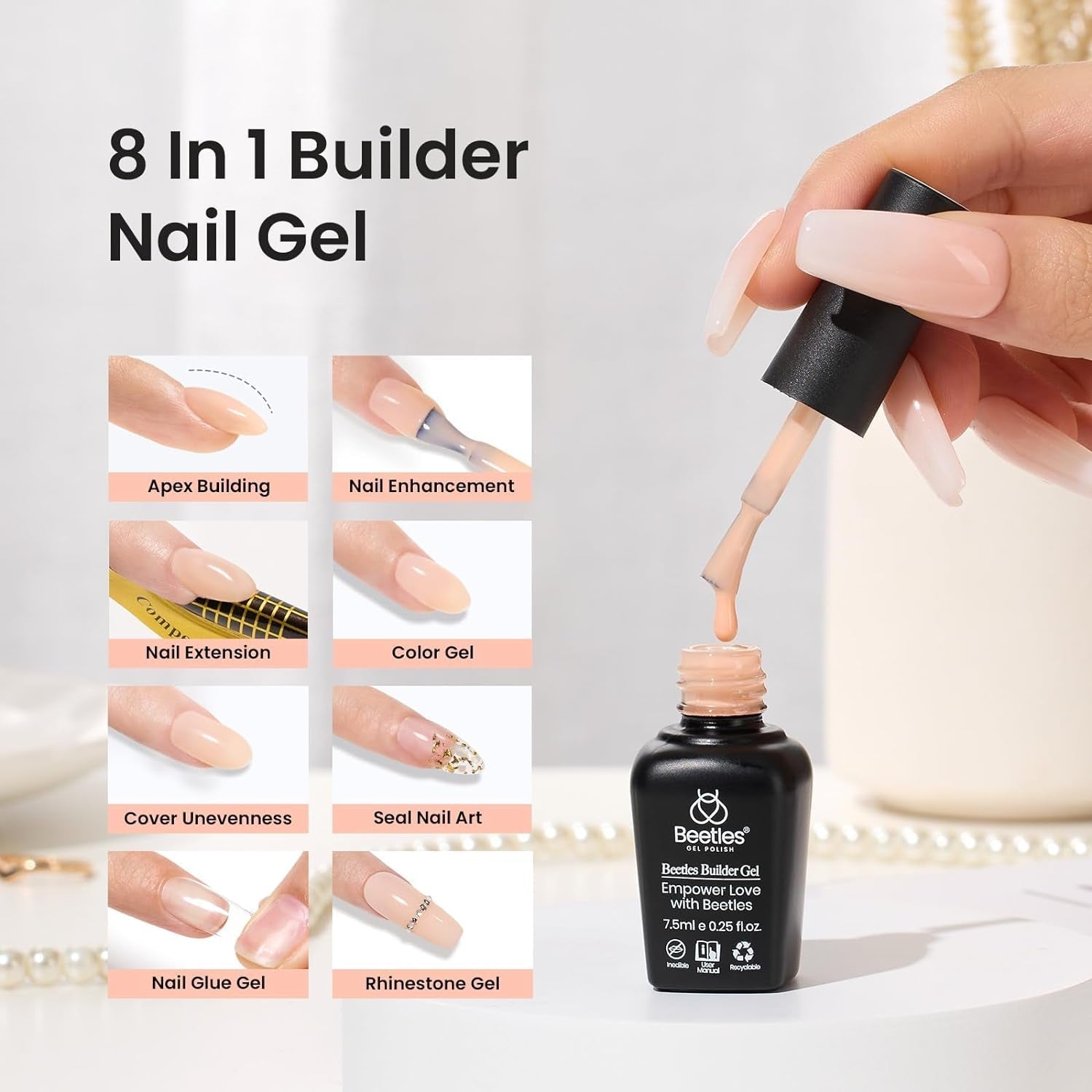 6 Colors Beetles Builder Gel for Nails, 8 in 1 Strengthener Gel Clear Nude Pink Milkly White Hard Gel Nail Extension Gel Rhinestone Gel Nail Glue Art Gifts for Mom, Base Gel Needed - WORLD TIME VISITS
