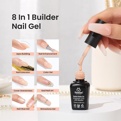6 Colors Beetles Builder Gel for Nails, 8 in 1 Strengthener Gel Clear Nude Pink Milkly White Hard Gel Nail Extension Gel Rhinestone Gel Nail Glue Art Gifts for Mom, Base Gel Needed - WORLD TIME VISITS