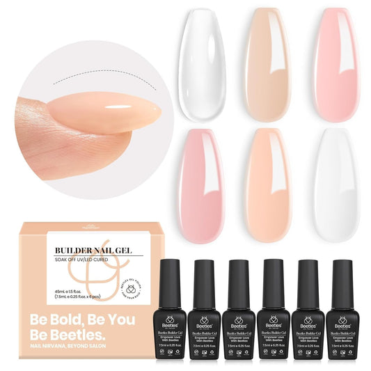6 Colors Beetles Builder Gel for Nails, 8 in 1 Strengthener Gel Clear Nude Pink Milkly White Hard Gel Nail Extension Gel Rhinestone Gel Nail Glue Art Gifts for Mom, Base Gel Needed - WORLD TIME VISITS