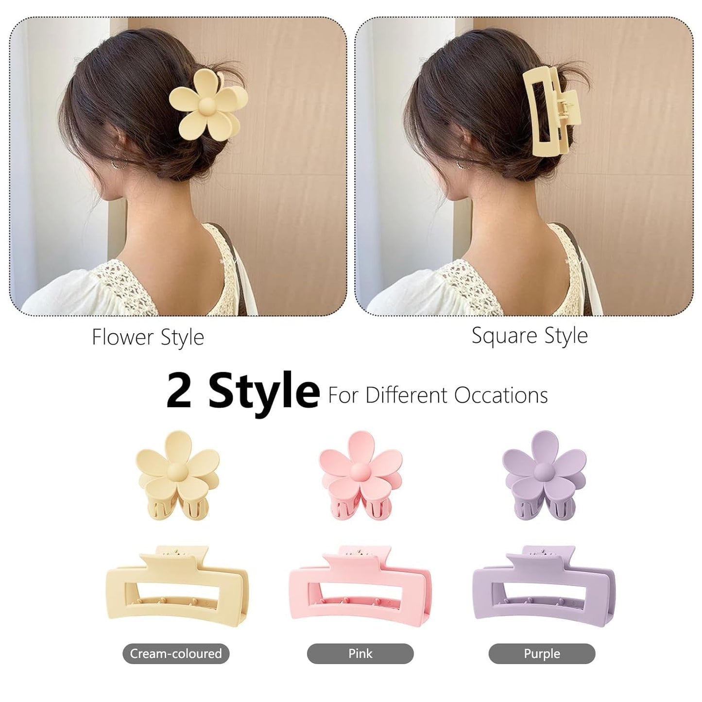 6 Pack 4.1 Inche Large Rectangle Hair Claw Clips Matte Flower Hair Clips, for Women Thin Thick Curly Hair, Cute Pink, Purple Hair Clips