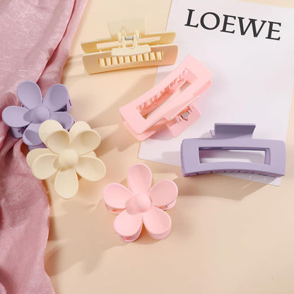 6 Pack 4.1 Inche Large Rectangle Hair Claw Clips Matte Flower Hair Clips, for Women Thin Thick Curly Hair, Cute Pink, Purple Hair Clips
