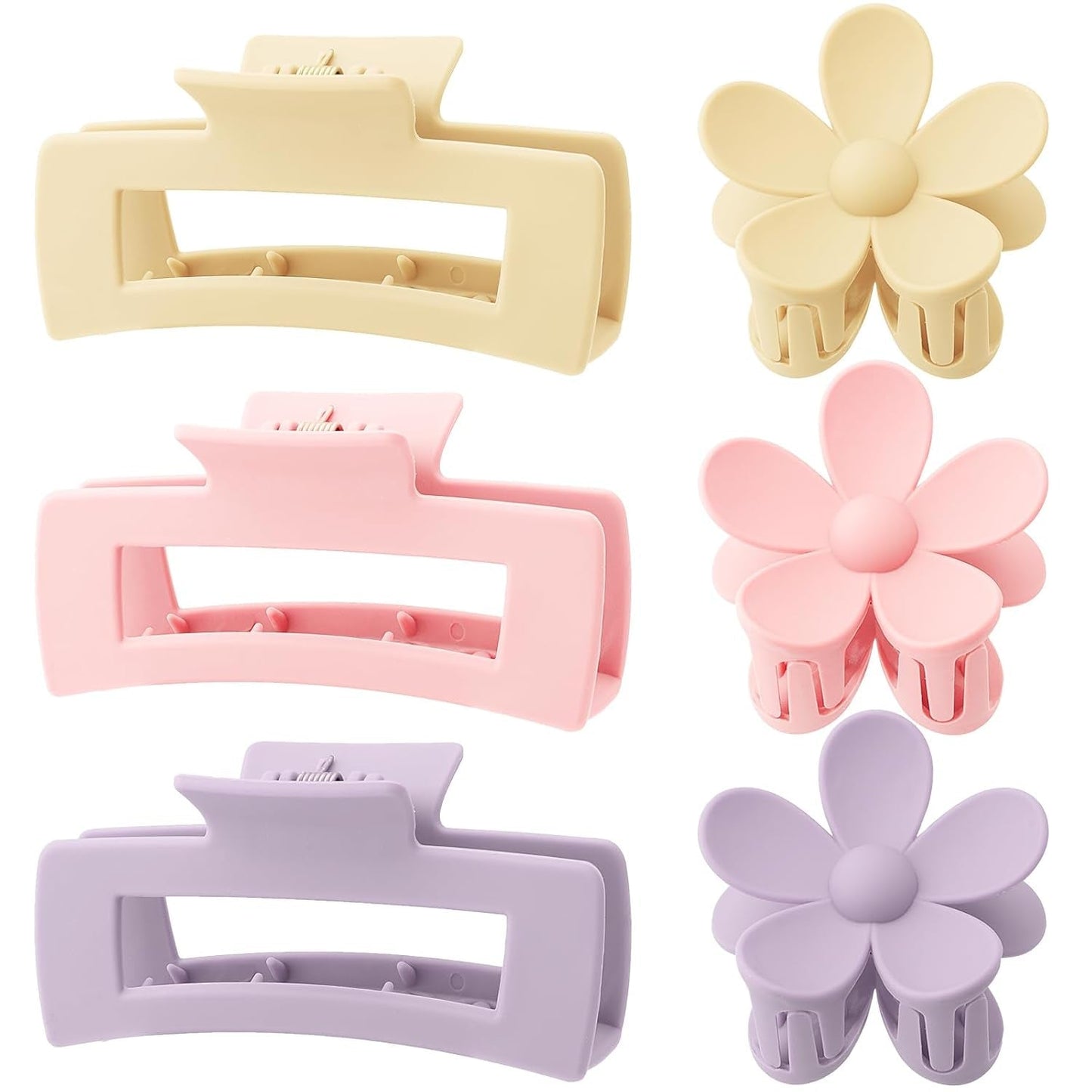 6 Pack 4.1 Inche Large Rectangle Hair Claw Clips Matte Flower Hair Clips, for Women Thin Thick Curly Hair, Cute Pink, Purple Hair Clips - WORLD TIME VISITS