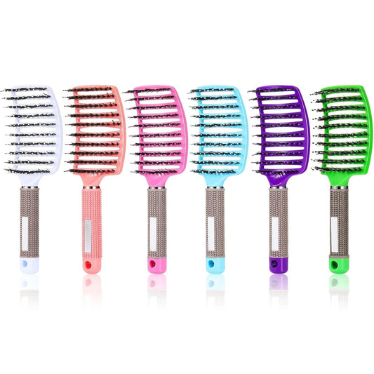 6 Pack Boar Bristle Hair Brushes Curved and Vented Hairbrush Detangler Curved Hair Brushes for Women Detangling Comb for Men Long Wet Dry Thick Curly Blowing Hair Accessories, 6 Colors - WORLD TIME VISITS