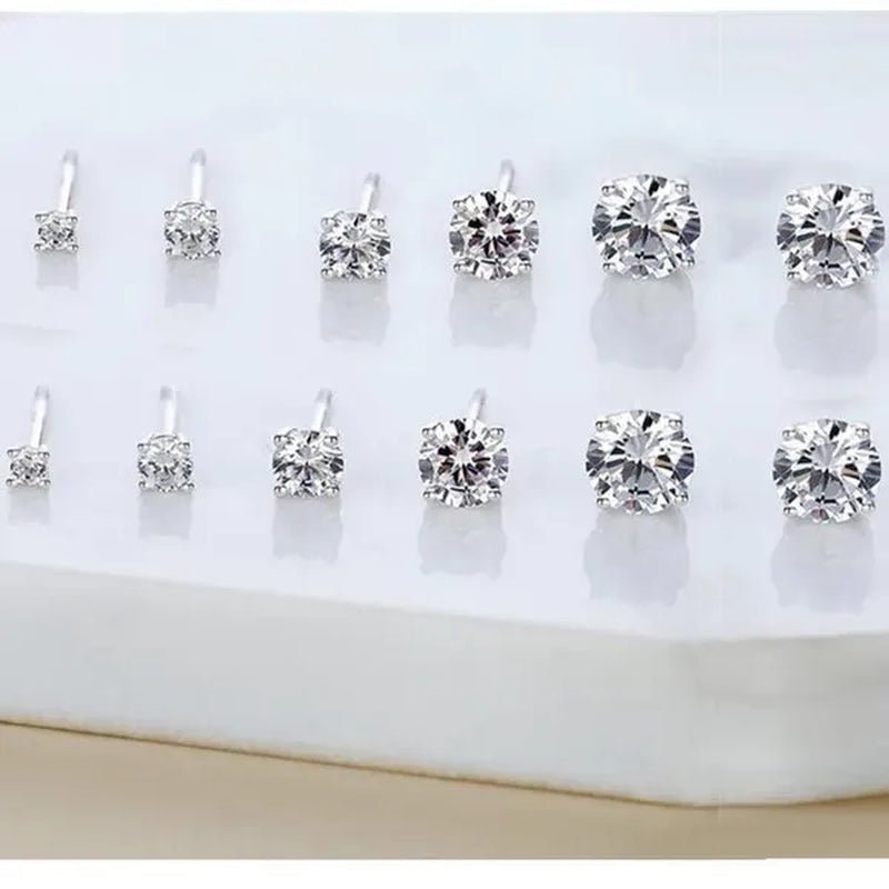 6 Pairs Stud Earrings Set, Hypoallergenic Cubic Zirconia Silver Earrings 3-8Mm