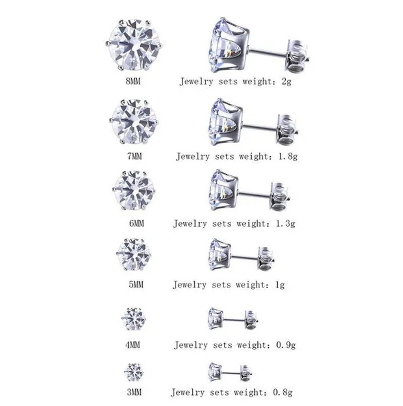 6 Pairs Stud Earrings Set, Hypoallergenic Cubic Zirconia Silver Earrings 3-8Mm