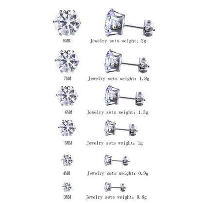 6 Pairs Stud Earrings Set, Hypoallergenic Cubic Zirconia Silver Earrings 3-8Mm