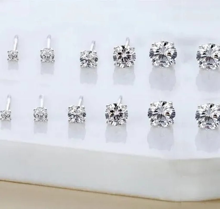 6 Pairs Stud Earrings Set, Hypoallergenic Cubic Zirconia Silver Earrings 3-8Mm
