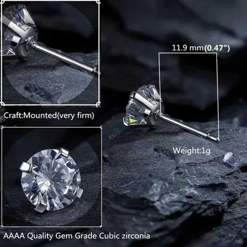 6 Pairs Stud Earrings Set, Hypoallergenic Cubic Zirconia Silver Earrings 3-8Mm