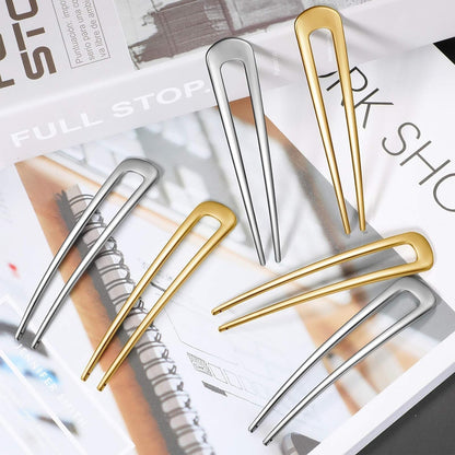 6 Pieces Hair Pins Simple Metal U Shaped French Gold Hair Fork Sticks 2 Prong Updo Chignon Pins for Women Lady Buns Accessories(Gold, Silver) - WORLD TIME VISITS