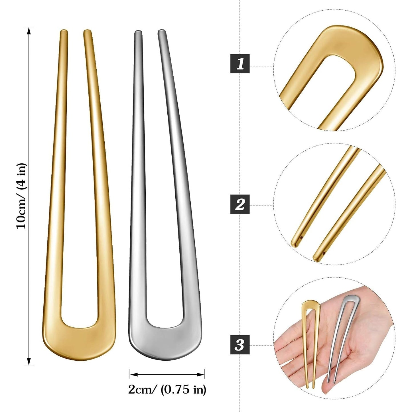 6 Pieces Hair Pins Simple Metal U Shaped French Gold Hair Fork Sticks 2 Prong Updo Chignon Pins for Women Lady Buns Accessories(Gold, Silver)