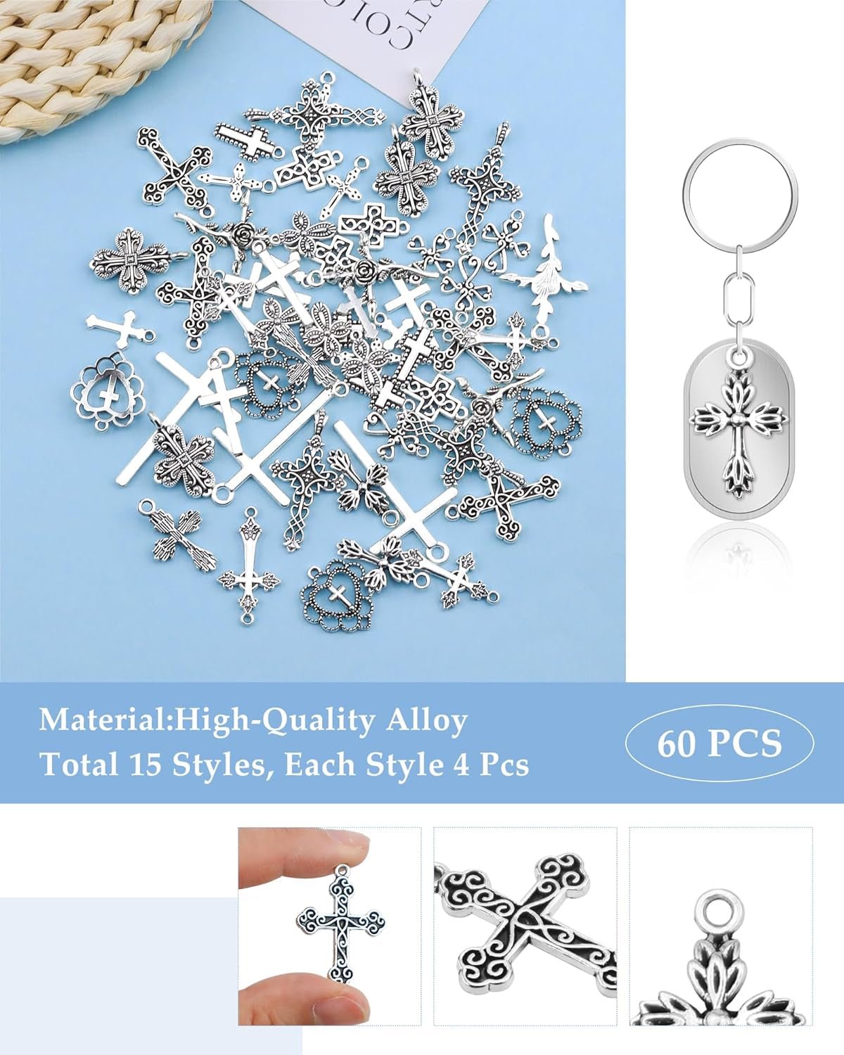 60 Pcs Antique Silver Cross Charms, Alloy Crucifix Pendant Connector for Bracelet Earrings Necklace Jewelry Making (15 Styles)
