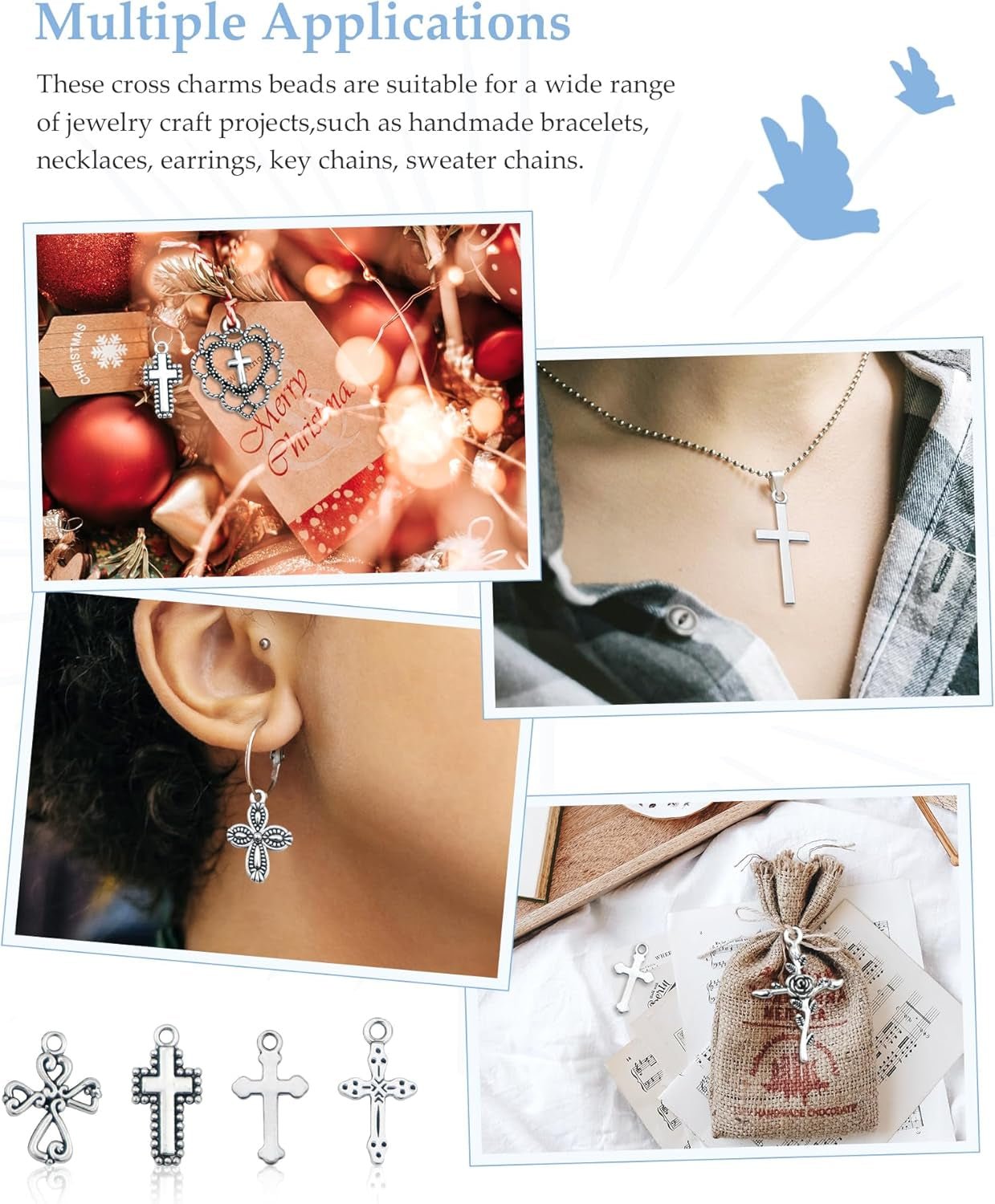 60 Pcs Antique Silver Cross Charms, Alloy Crucifix Pendant Connector for Bracelet Earrings Necklace Jewelry Making (15 Styles)