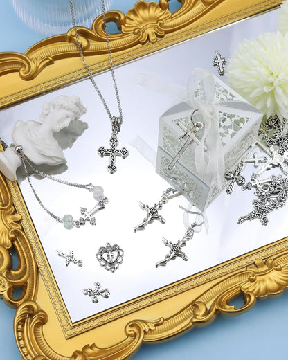 60 Pcs Antique Silver Cross Charms, Alloy Crucifix Pendant Connector for Bracelet Earrings Necklace Jewelry Making (15 Styles)