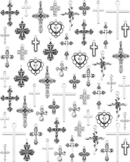 60 Pcs Antique Silver Cross Charms, Alloy Crucifix Pendant Connector for Bracelet Earrings Necklace Jewelry Making (15 Styles) - WORLD TIME VISITS
