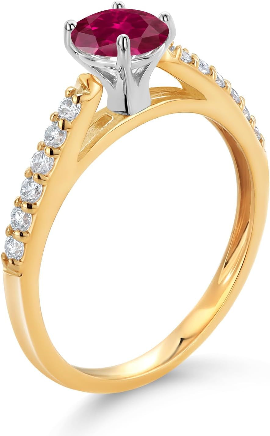 10K Yellow and White Gold 5MM round Gemstone Birthstone and White Lab Grown Diamond Engagement Ring | Wedding Anniversary Promise Gold Ring for Women | Size 5,6,7,8,9