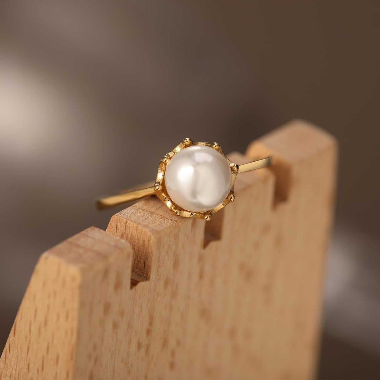 Pearl Ring for Women, 18K Gold Plated Womens Gold Rings for Bride Wedding Engagement Band Birthday Gold Rings Size 5 to 9