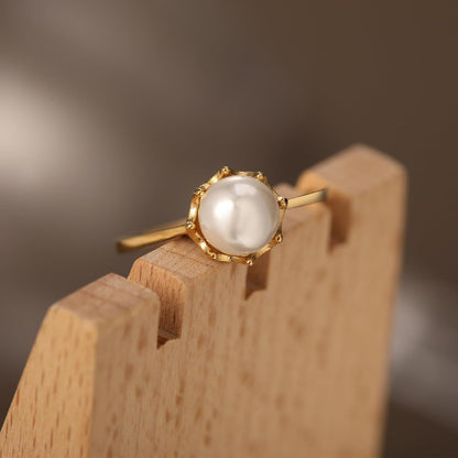 Pearl Ring for Women, 18K Gold Plated Womens Gold Rings for Bride Wedding Engagement Band Birthday Gold Rings Size 5 to 9