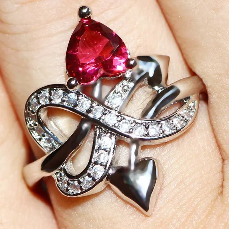 Eros Ring Silver Natural Gemstones White Sapphire & Ruby Wedding Birthstone Bride Engagement Multilevel Heart Cross Ring Jewelry Size 6 7 8 9 10