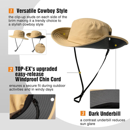L/XL/XXL UV50+ Waterproof Wide Brim Bucket Sun Hat for Summer Fishing Hiking W/Detachable Strap & Vented Mesh