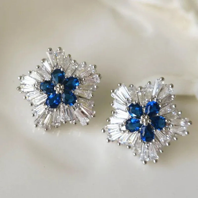 Charming Blue Sapphire Diamond Flower Stud Earrings for Women Enengagement Party Romantic Jewelry Lover Gifts