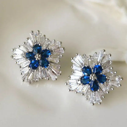 Charming Blue Sapphire Diamond Flower Stud Earrings for Women Enengagement Party Romantic Jewelry Lover Gifts