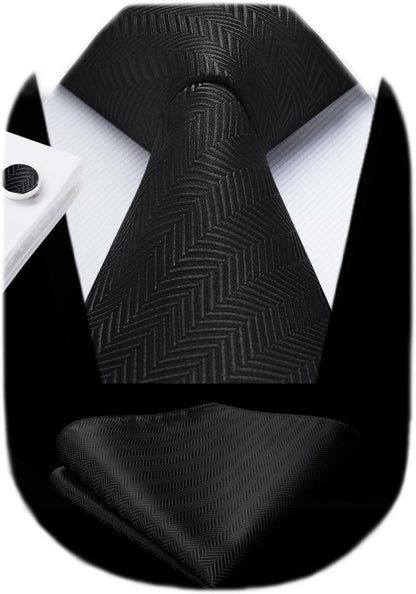 Mens Solid Ties Formal Business Woven Tie and Pocket Square Cufflinks Set Classic Silk Satin Necktie Wedding