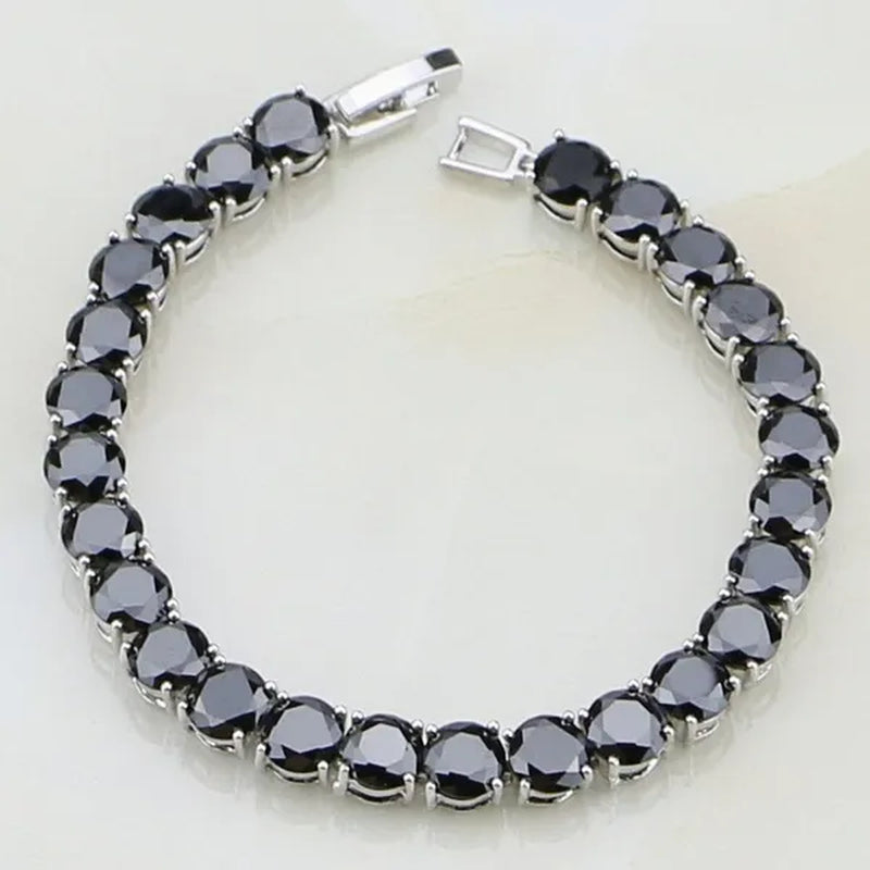 925 Sterling Silver Jewelry Black Sapphire White Topaz Round Link Chain Bracelet 7 inch For Women Wedding Free Gift Box - WORLD TIME VISITS