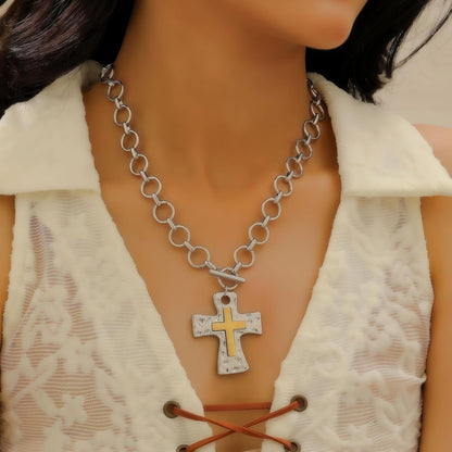 Gold Silver Chunky Cross Necklace for Women Men Layered Hammered Bold Vintage Toggle Clasp Religious Christian Statement Cross Pendant Choker Party Hallowmas Christmas Jewelry Gift - WORLD TIME VISITS