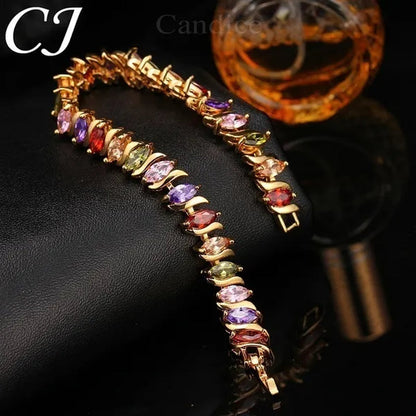 CANDICE Indian Design Real Gold Plated Multicolor Zircon Stones Tennis Bracelets For Dance Party Accessories