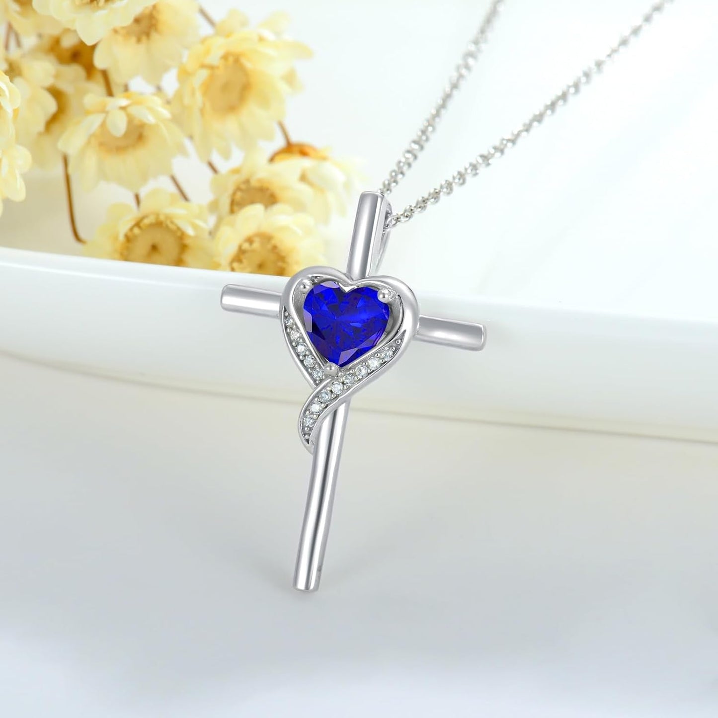 Birthstone Cross Necklace for Women 925 Sterling Silver Heart Cross Pendant Necklace Birthday Mothers Day Jewelry Gifts for Her Mom