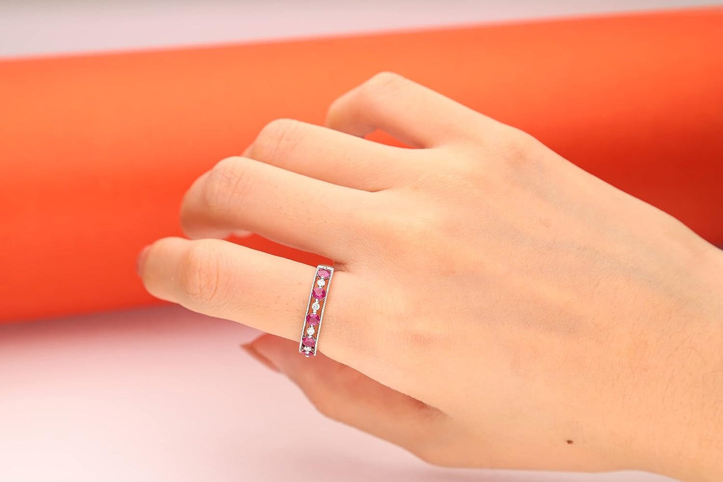 14K White Gold Mozambique Genuine Ruby Ring with Diamonds for Women | Ethically, Authentically & Organically Sourced (Round) Shaped Ruby Hand-Crafted Jewelry for Her | Ruby Ring for Women
