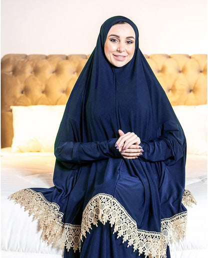 Women'S Prayer Dress 2 Pieces Lycra Solid Color plus Long Sleeve | One-Size | Hijab Abaya Suit