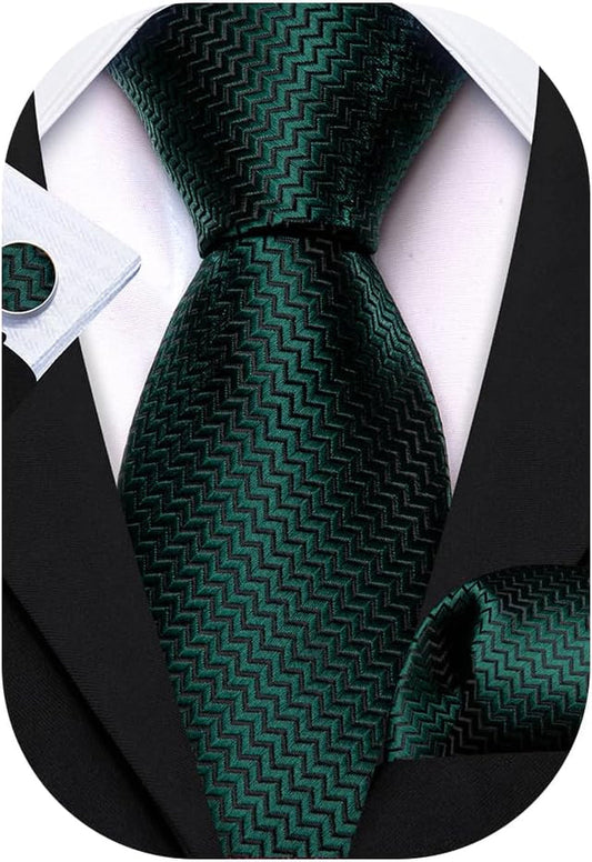 63" Mens Tie Extra Long Striped Plaid Silk Pocket Square Necktie Cufflinks Set for Wedding Business - WORLD TIME VISITS