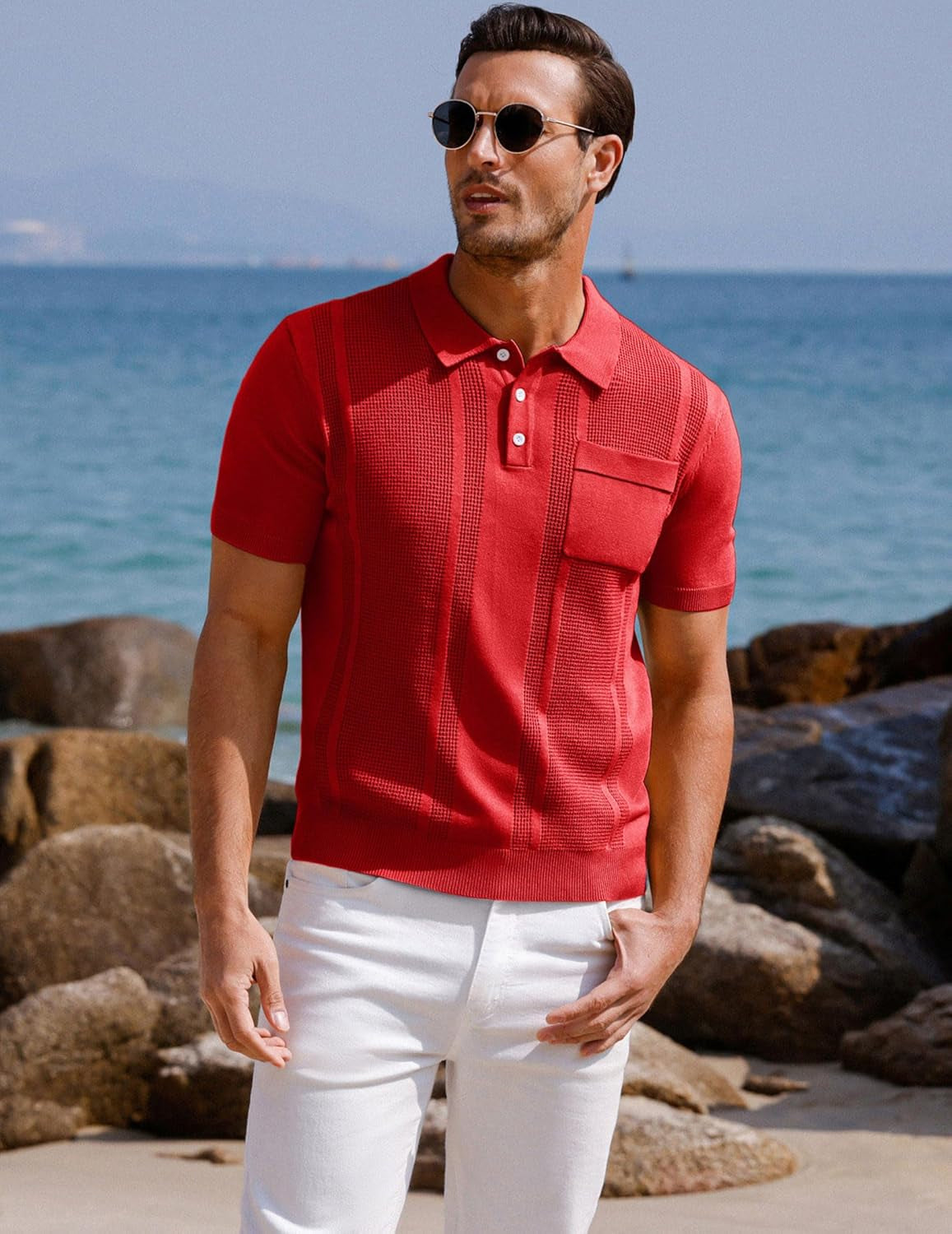 Men'S Knit Polo Shirts Short Sleeve Texture Lightweight Golf Shirts Sweater - WORLD TIME VISITS