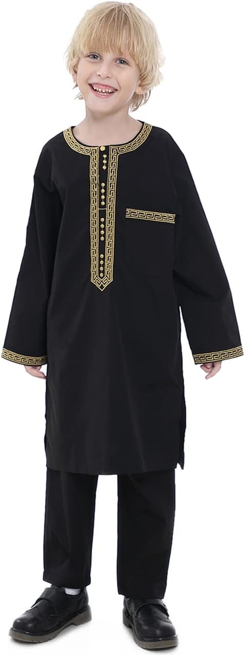 Boy'S Muslim Clothing Kaftan Set - Middle East Youth Embroidered Robe Suit round Neck Islamic Dress Arabic Wear - WORLD TIME VISITS
