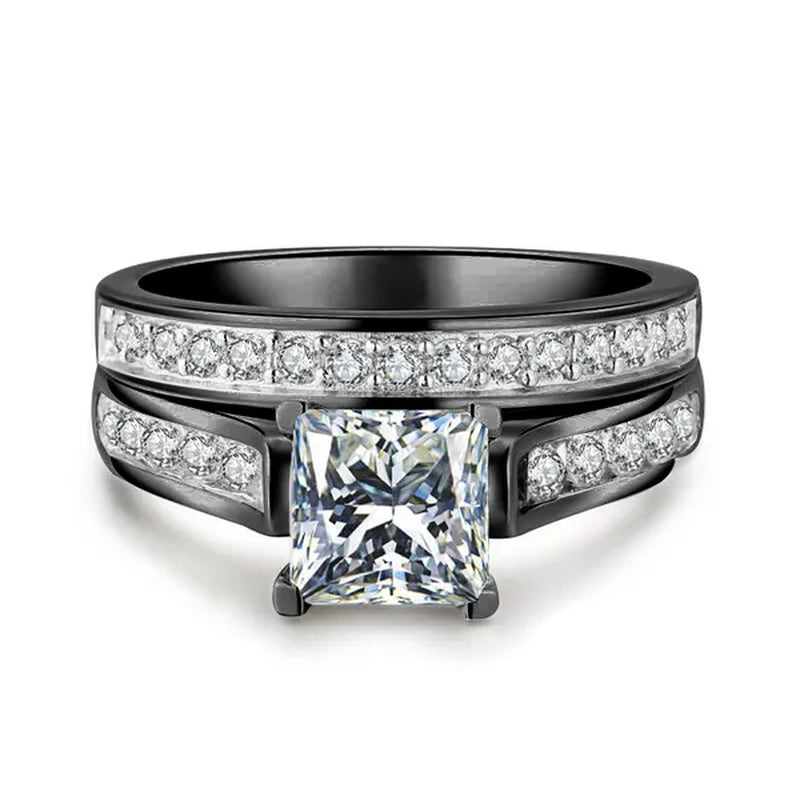 2Pcs / Set Classic Womens Fashion Gold / Silver / Black Diamond Ring Jewelry Exquisite Gold Ring Sets for Women Natural White Sapphire Rings Set Birthstone Princess Proposal Engagement Gold Ring Set Anniversary Party Romantic Bride Wedding Rings for Women