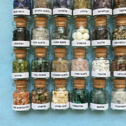 40 Mini Gemstone Bottles Chip Crystal Healing Tumbled Gem Reiki Wicca Stones Set