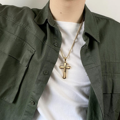 Classic Cross Necklace for Men Simple Cross Silver Black Gold Stainless Steel Christ Crucifix Pendant Necklace Religious Jewelry Gift Box Chain 21.6 Inches
