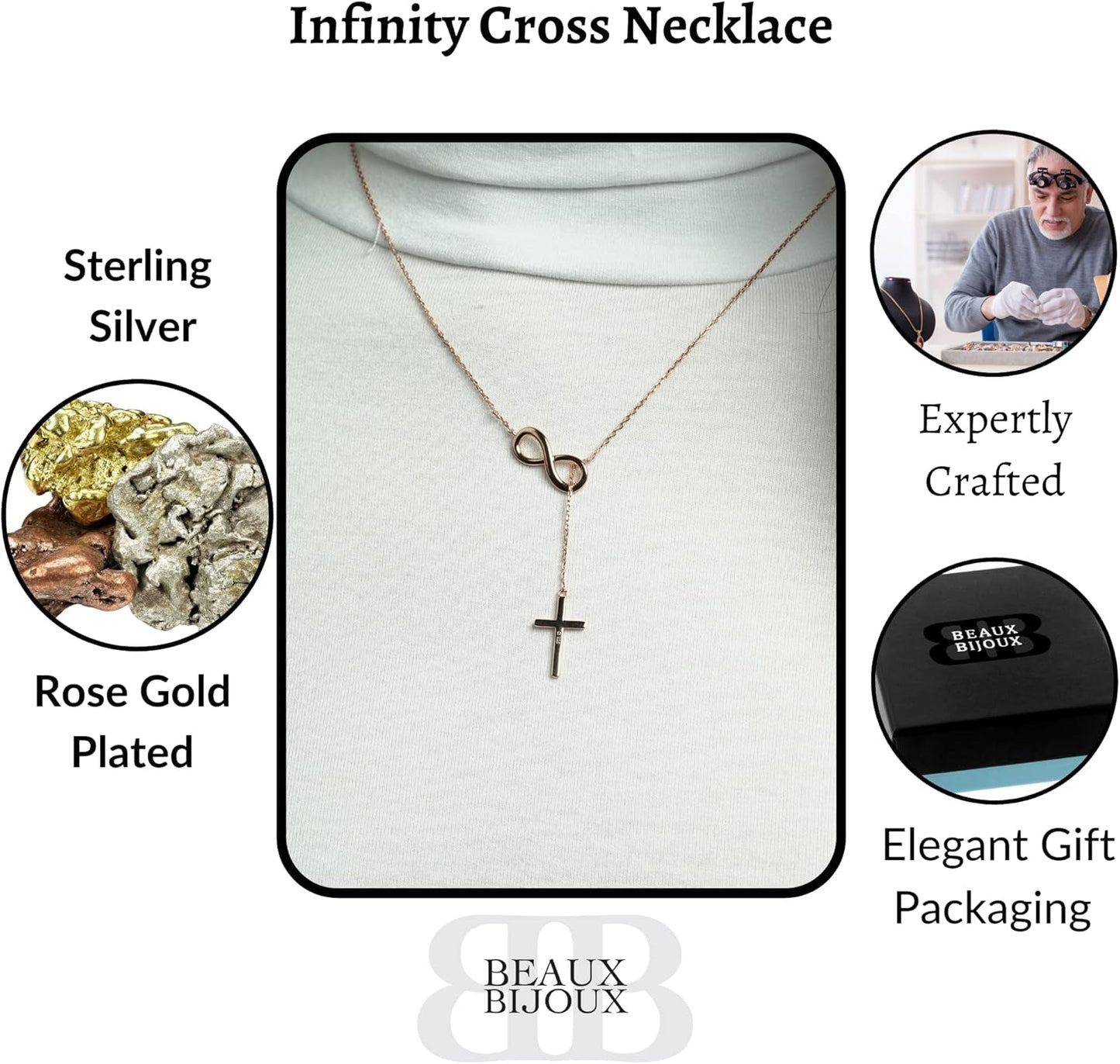 Sterling Silver Gold Plated Cross Infinity Necklace for Women | Lariat Cross Necklace | Communion Confirmation Gift | Silver or Gold Cross Infinity Pendant for Girls